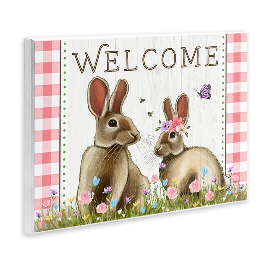 Stupell Industries Welcome Plaid Spring Garden Rabbits Wall Plaque Art